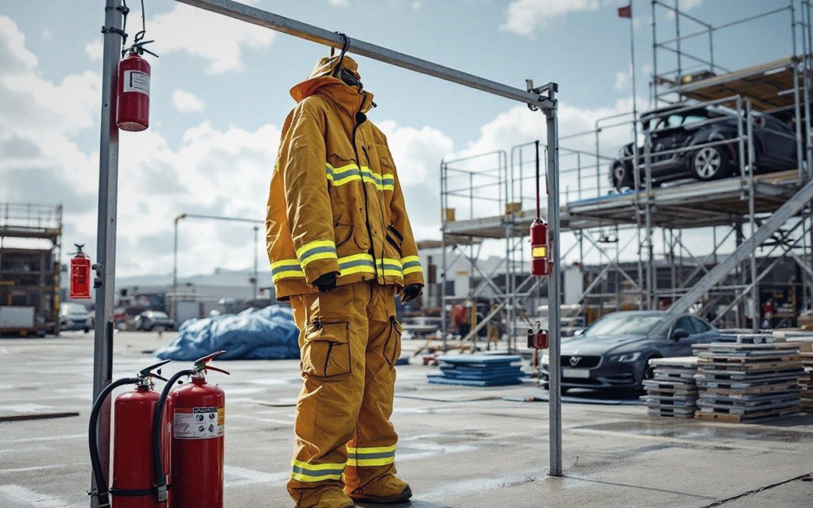 A fire-protective suit and hood hanging on a rail beside extinguishers