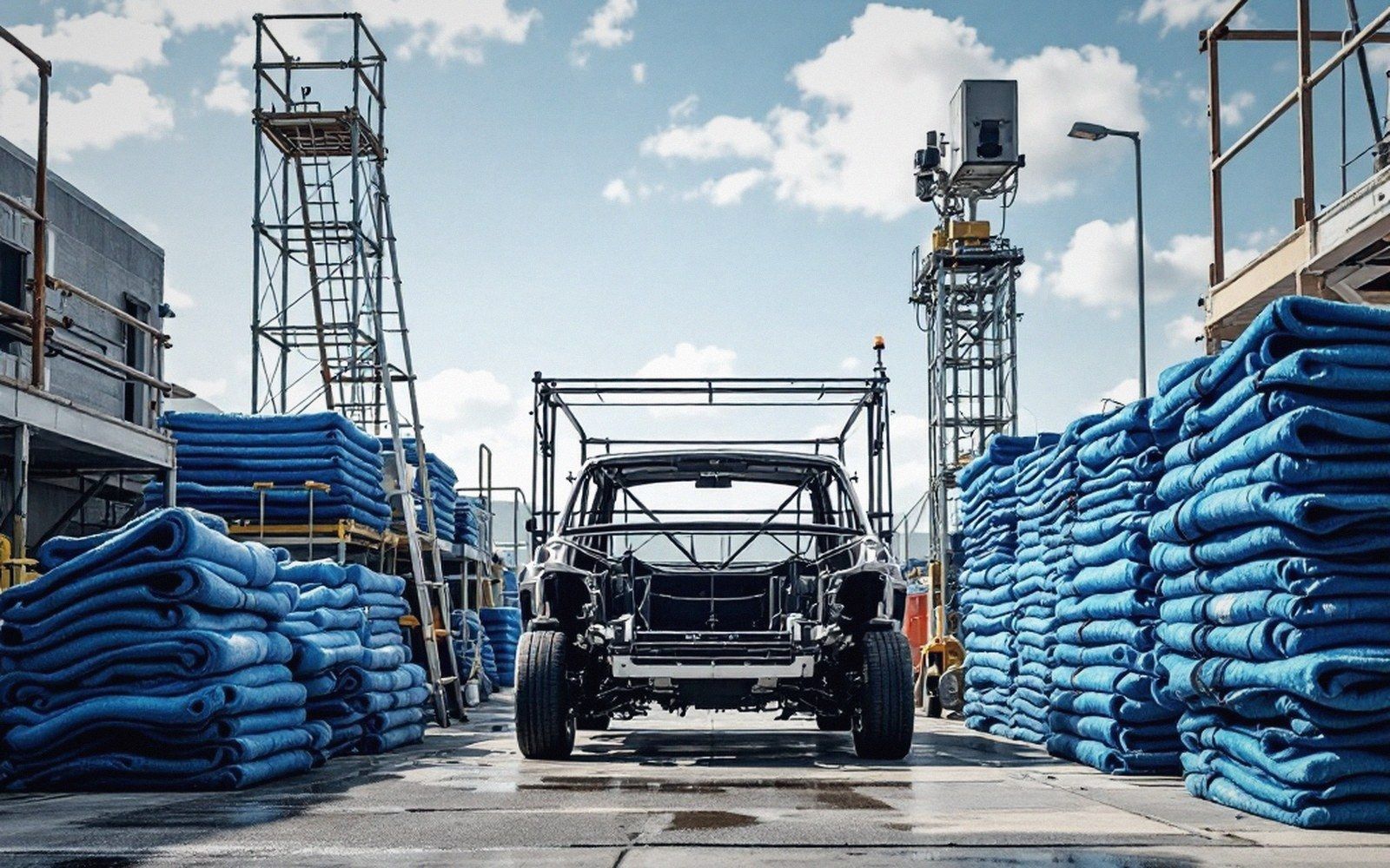 A picture car stripped to its roll cage with the glass out, seen from the front three-quarter