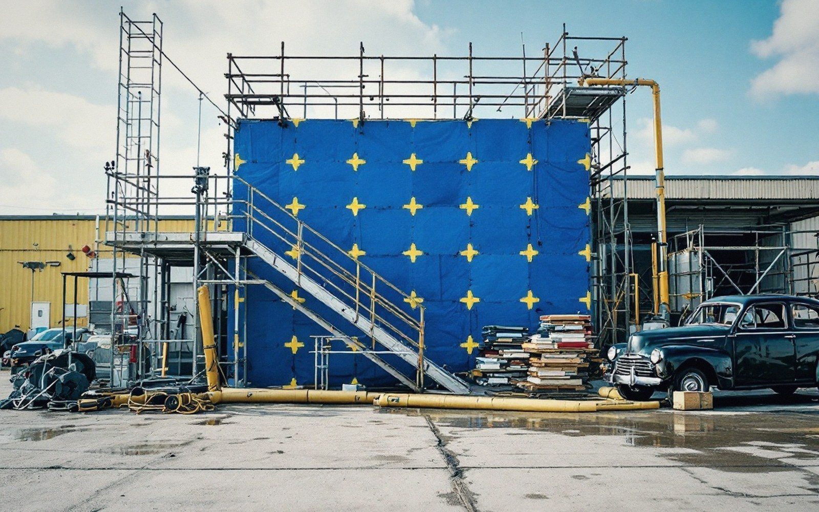 Empty film set with taped floor marks and mats arranged for a stunt