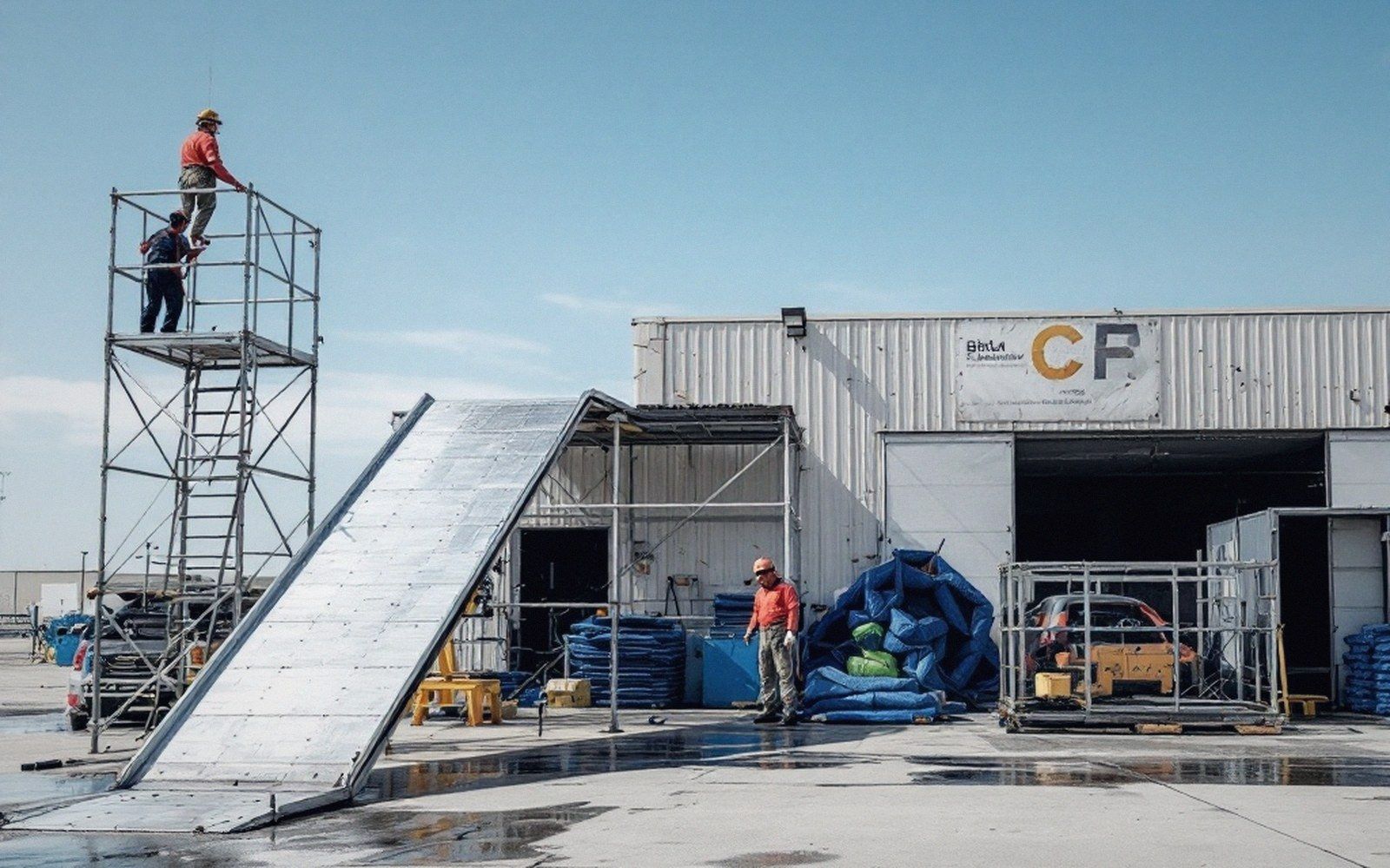 Workers assemble a metal ramp and scaffolding tower outside a hangar labeled CF