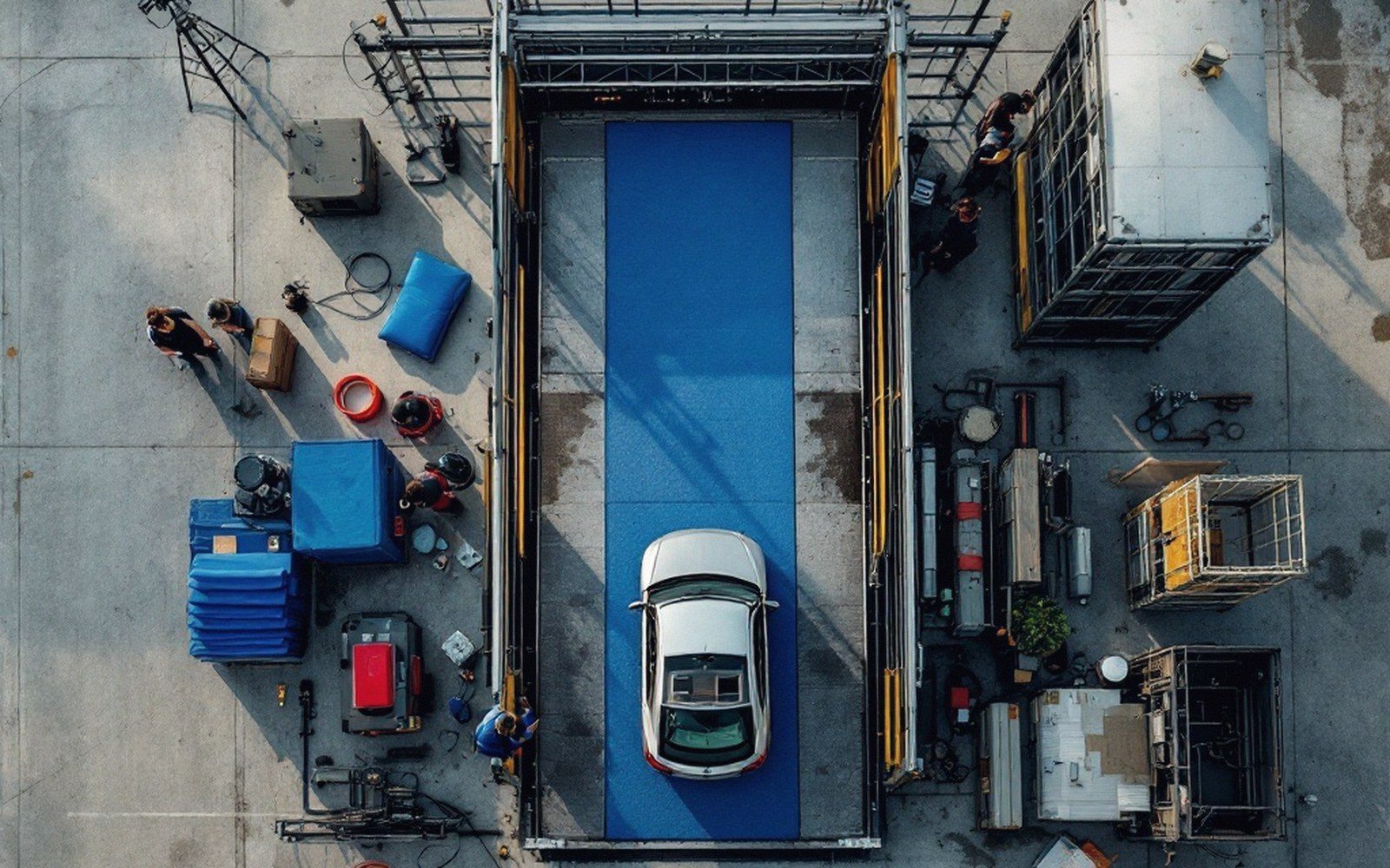 Aerial view of a white car on a blue ramp surrounded by equipment and workers
