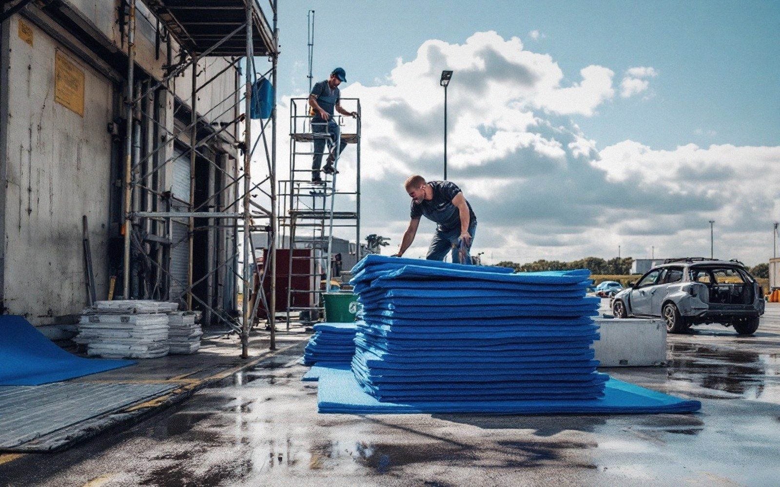 A stack of graded crash matting on a concrete apron, edges compressed